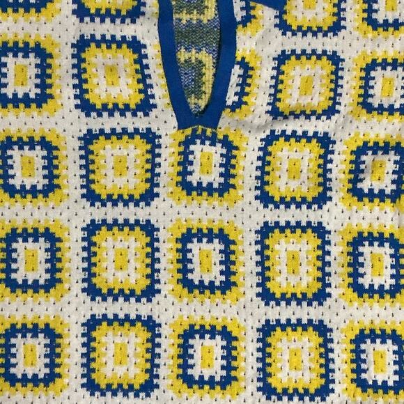 BoohooMAN Men’s Knit Sweater Top Retro Geometric Square Print Blue Yellow Size L - Picture 3 of 7